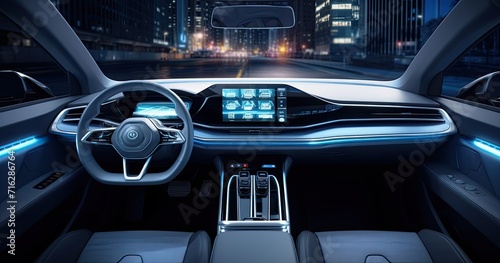 The cockpit of a futuristic autonomous car, showcasing advanced technology and sleek design.