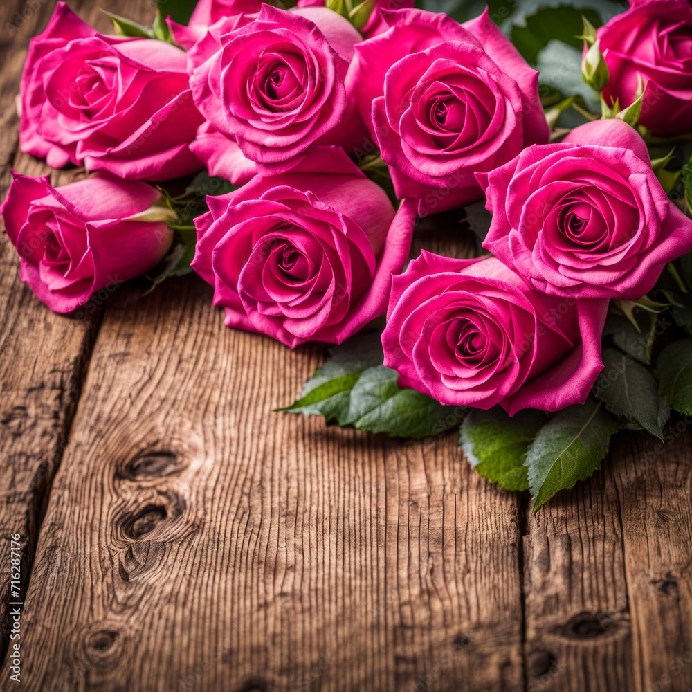 Beautiful Hot Pink roses on wooden background