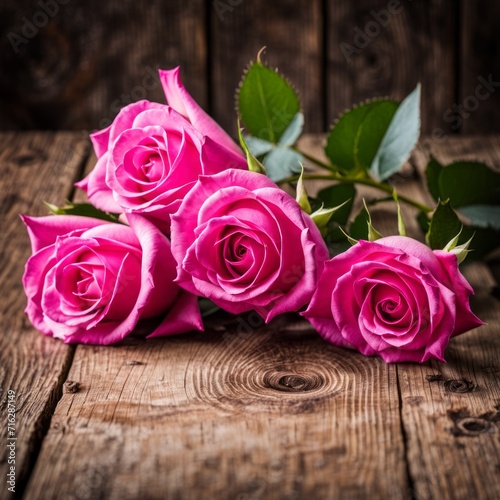 Beautiful Hot Pink roses on wooden background