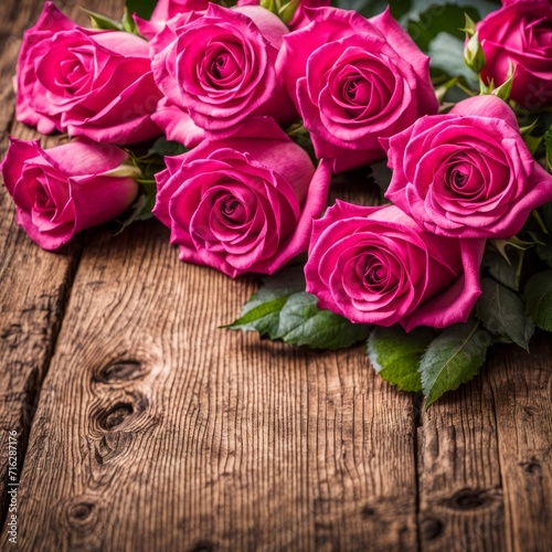 Beautiful Hot Pink roses on wooden background