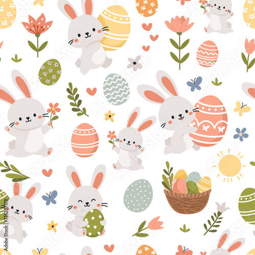 Seamless vector pattern for the holiday of bright Easter. Cute Easter bunnies, eggs, flowers and butterflies. Vector illustration