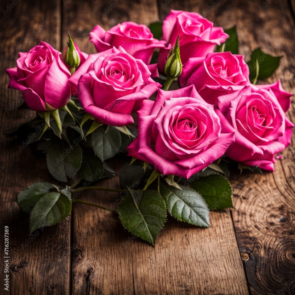 Beautiful Hot Pink roses on wooden background Beautiful Hot Pink roses on wooden background