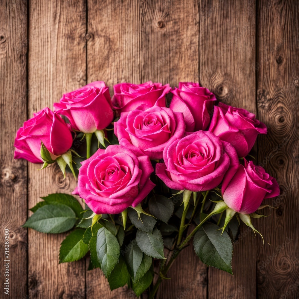 Beautiful Hot Pink roses on wooden background Beautiful Hot Pink roses on wooden background