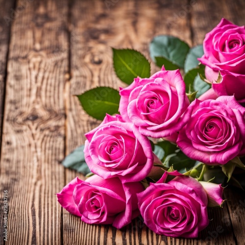 Beautiful Hot Pink roses on wooden background