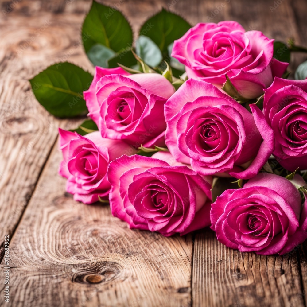 Beautiful Hot Pink roses on wooden background Beautiful Hot Pink roses on wooden background