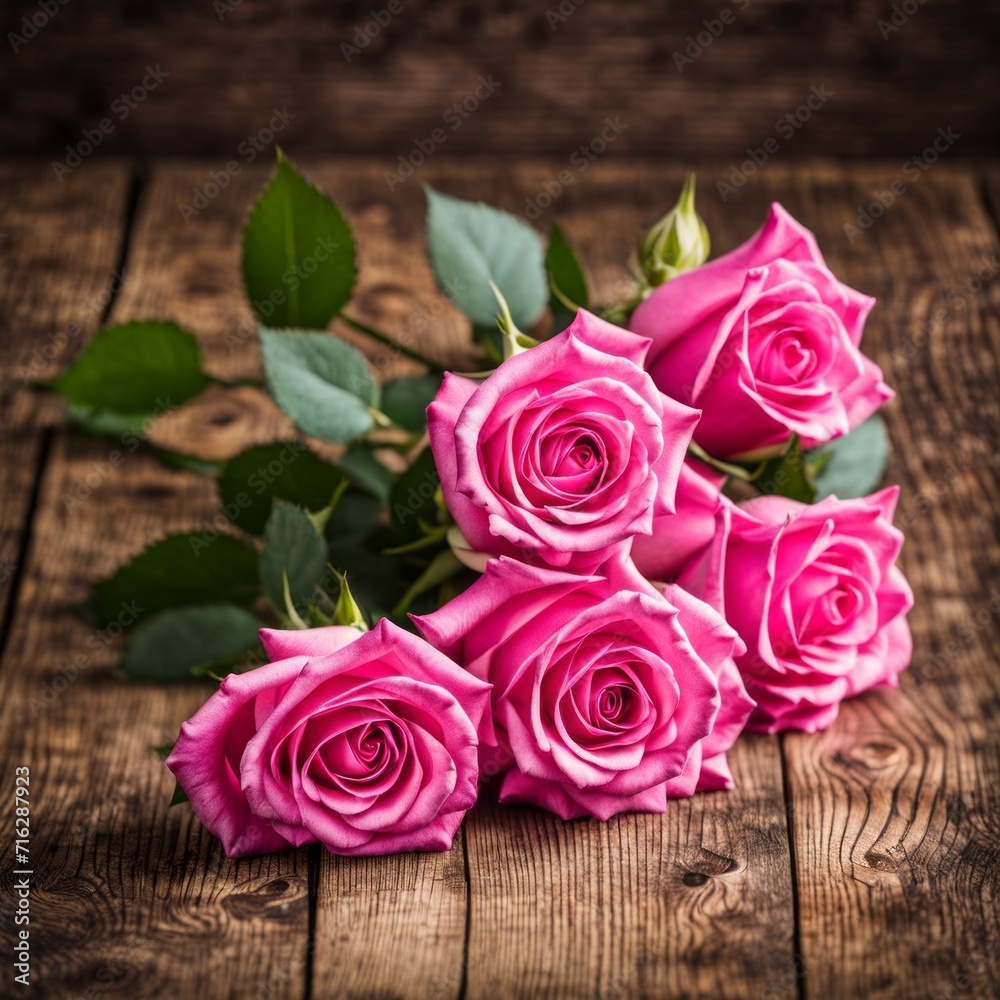 Beautiful Hot Pink roses on wooden background Beautiful Hot Pink roses on wooden background