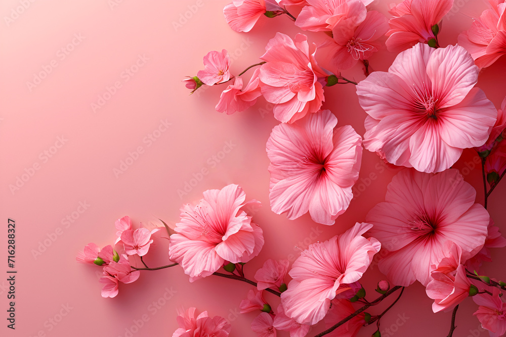 Background of pink flowers with empty space for text or greeting card design. Postcard for International Women's Day and Mother's Day.