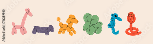 Various balloon animals collection. Festive set of inflatable giraffe, poodle, elephant, seahorse, snake shapes. Birthday celebration party. Fancy abstract characters isolated vector