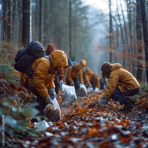 A group of volunteers collect garbage in the forest. Cleaning the forest. Generative Ai. 