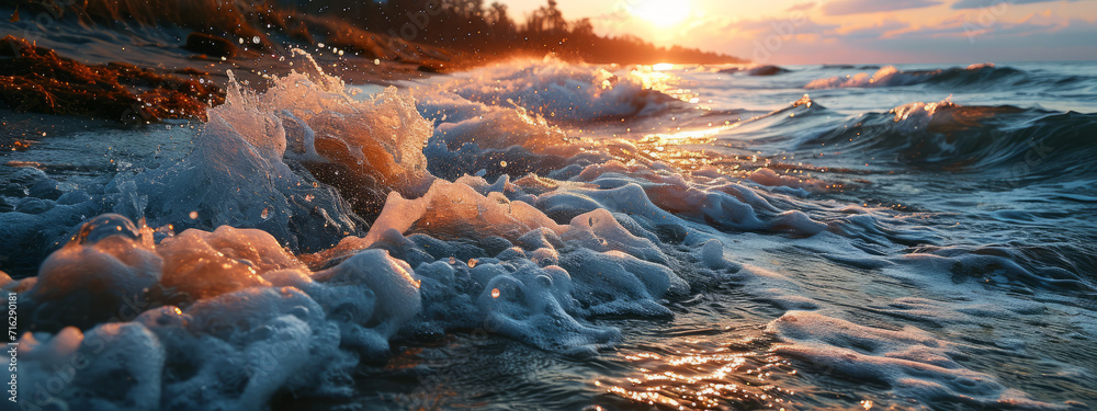 Rocky sea shore with splashes of water