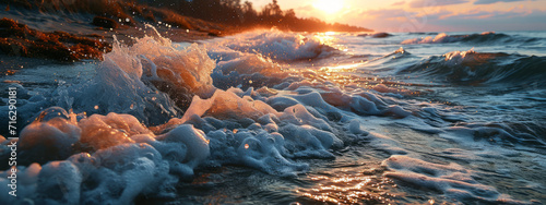 Rocky sea shore with splashes of water