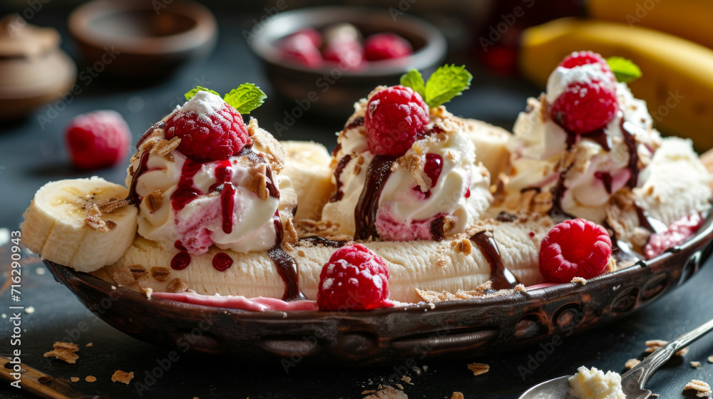 Banana Split Ice Cream with Raspberries and Chocolate Syrup. Banana Split Ice Cream with Raspberries and Chocolate Syrup.