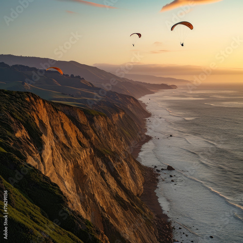 Cliffside View of Paragliders Soaring at Golden Hour