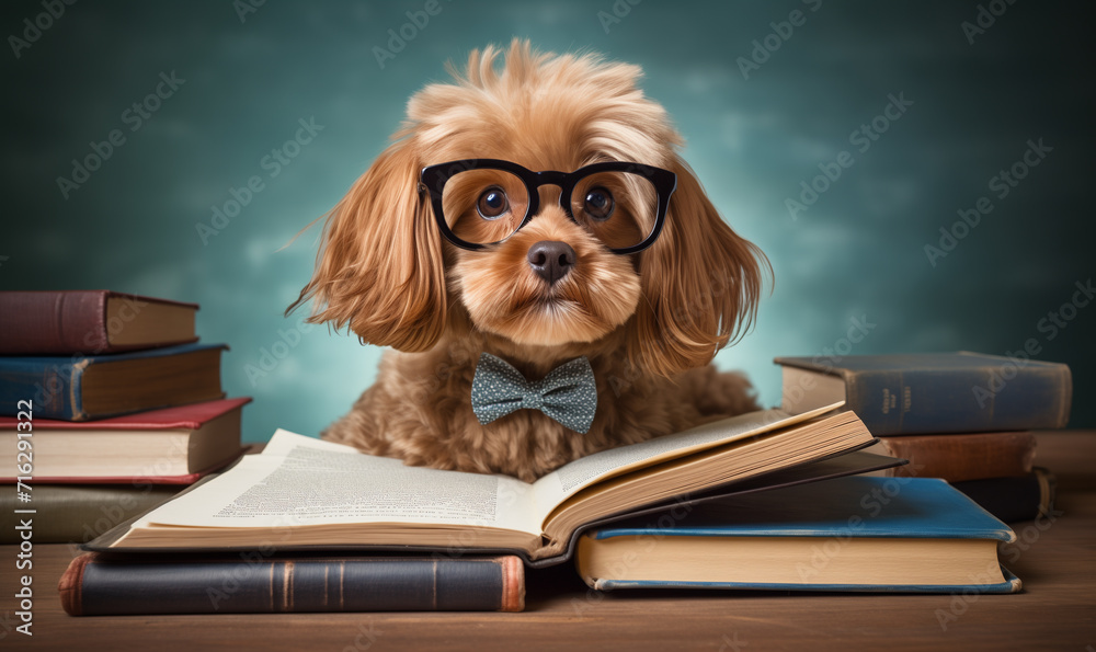 A dog in a bow tie and glasses with books. Concept of education, back to school.