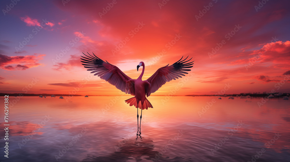 Naklejka premium Flamboyant flamingo spreading its wings against a vibrant sunset background