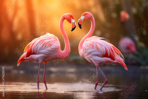 A flamingo couple is standing in a pond in a romantic atmosphere