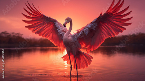 Flamboyant flamingo spreading its wings against a vibrant sunset background © The Origin 33