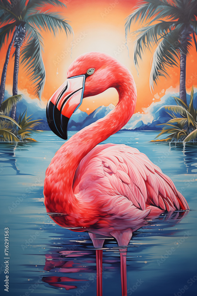 Fototapeta premium Painting of a flamingo standing in a lake in summer