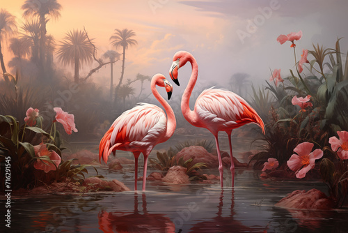 Painting of a flamingo standing in a lake in summer