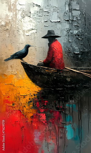 Fisherman in a boat with a crow on the background of the old wall. photo