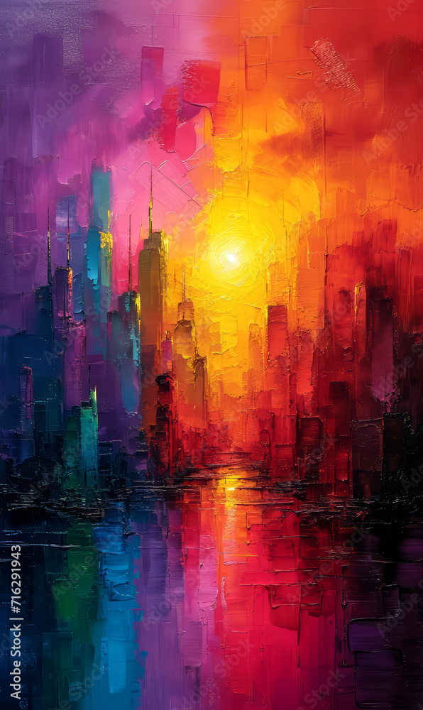 Abstract colorful background, illustration of urban landscape with skyscrapers.