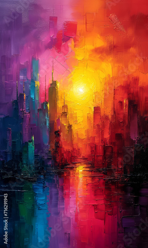 Abstract colorful background, illustration of urban landscape with skyscrapers. © suwandee