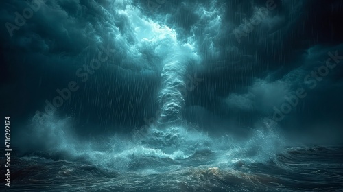 a tornado storm in a tropical ocean accompanied by heavy rain and strong winds.