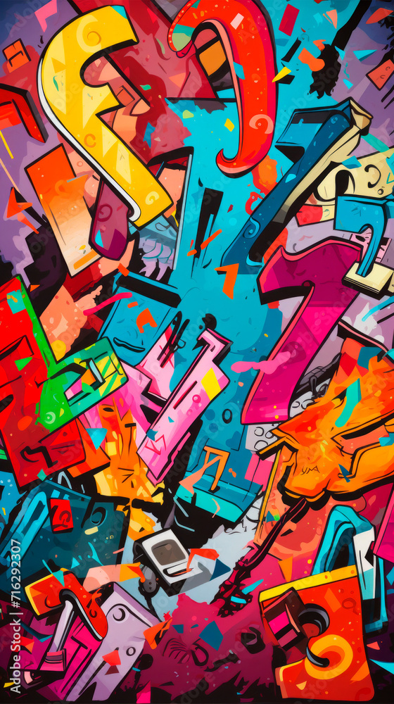 Fototapeta premium A dynamic pop art collage featuring an array of shapes, patterns, and colors, reminiscent of comic book style. Yar graffiti on the walls of the city streets. Street Art. Freedom of creativity