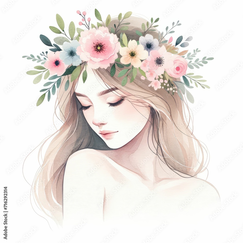 Fototapeta premium woman face surrounded by flowers, watercolor, isolated on white background for women's day 