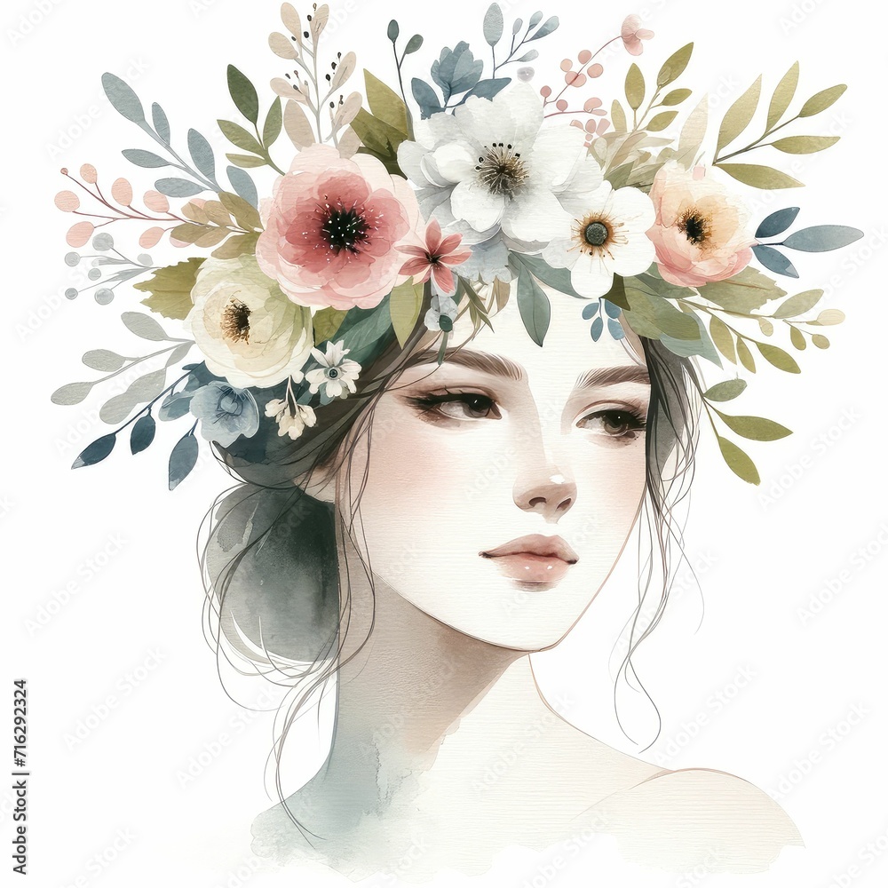 woman face surrounded by flowers, watercolor, isolated on white background for women's day 