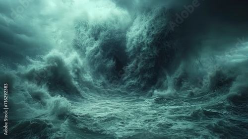 a dramatic atmosphere with a tornado storm in the ocean accompanied by high waves hitting the shore.