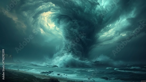 a tornado storm in the middle of the open ocean, with tornadoes appearing over the water. hypermaximalist,
