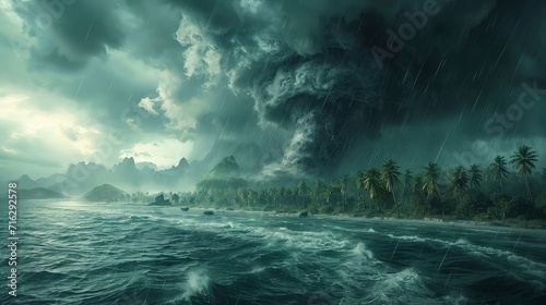 a tornado storm in the ocean with a tropical island in the distance, creates a contrast between the beauty of nature and the danger of the storm.