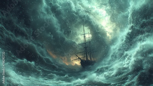 a tornado storm at sea with a ship bobbing amidst huge waves. © pengedarseni