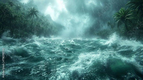a tornado storm in a tropical ocean accompanied by heavy rain and strong winds.