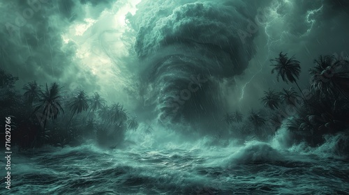 a tornado storm in a tropical ocean accompanied by heavy rain and strong winds.