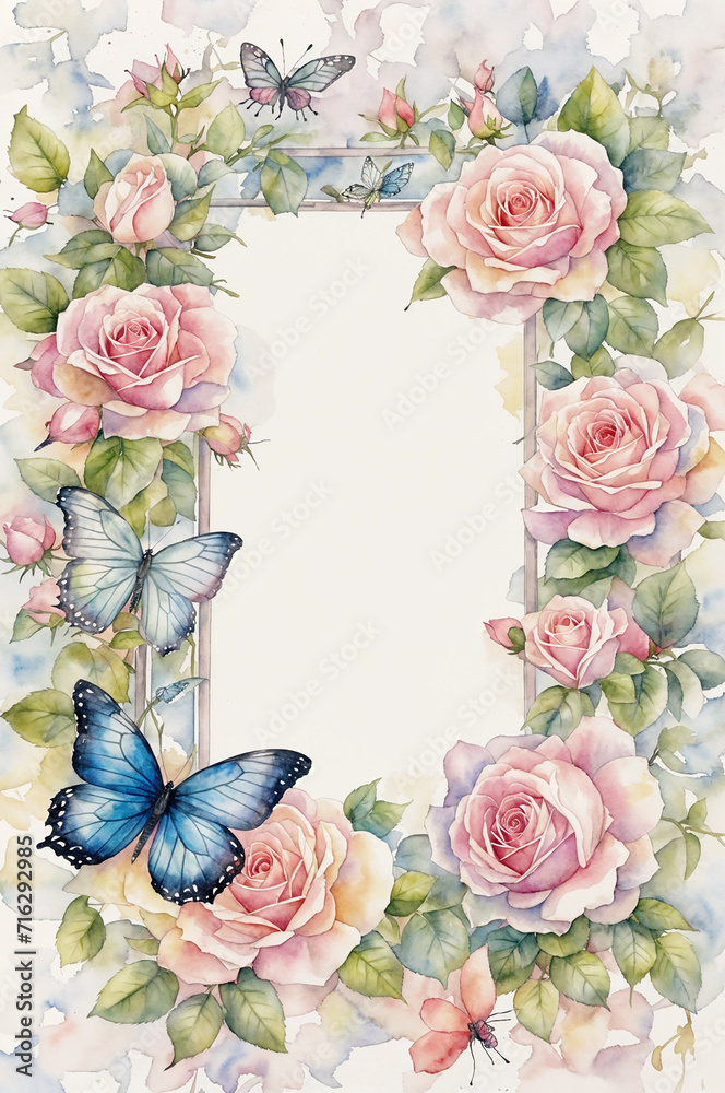 Pastel watercolour frame soft blooming roses vine butterflies