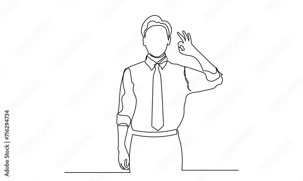 Continuous line drawing of businessman showing ok symbol. man showing ok hand sing.ok, positive, great concept. Continuous line drawing of businessman showing ok symbol. man showing ok hand sing.ok, positive, great concept.