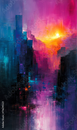 Abstract color painting. The cityscape with skyscrapers and sunset.
