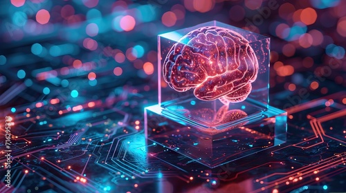brain encased within a transparent cube on microchip circuitry. ai artificial intelligence concept show how a person works on a computer, generates ideas, does analysis using neural networks, photo