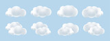 White 3d cloud set. Soft round cartoon fluffy clouds in bubble shape in blue sky. Rounded cumulus mock up. Weather forecast realistic symbols vector set. Outdoor nature, spring weather cloudscape.