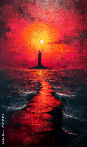 Digital painting of a lighthouse on the ocean with a red sunset in the background.