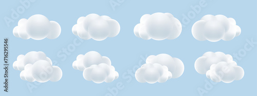 White 3d cloud set. Soft round cartoon fluffy clouds in bubble shape in blue sky. Rounded cumulus mock up. Weather forecast realistic symbols vector set. Outdoor nature, spring weather cloudscape.