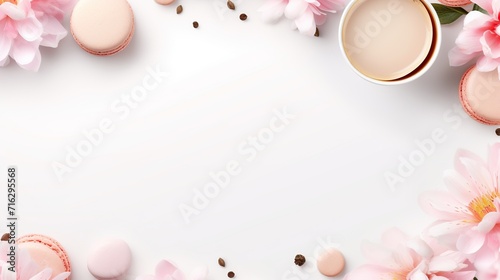 Milk Tea, pink rose petals, flowers displayed on white backdrop with space for copy. Menu motif. generative AI