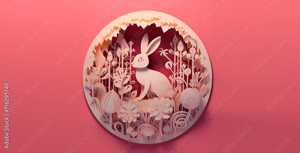 Fototapeta premium Beautiful Easter card. Paper décor. hare, paper flowers. appliqué, creativity.. banner