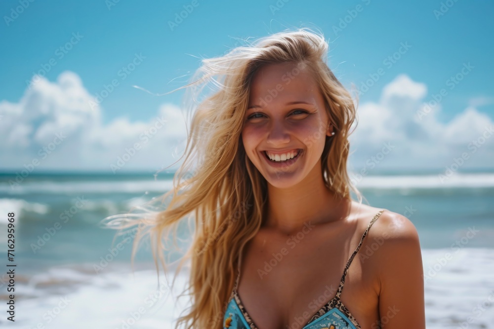 Smiling Blonde In Bikini And Beachwear Joyfully Gazes At The Camera With Ocean Backdrop Smiling Blonde In Bikini And Beachwear Joyfully Gazes At The Camera With Ocean Backdrop