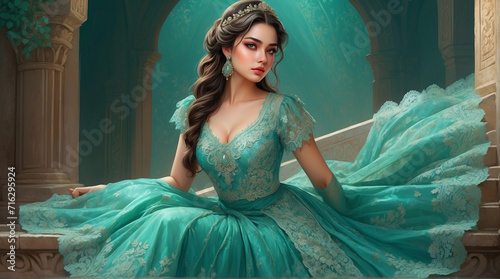 Omar Rayyan style illustration of a very beautiful twenty-year-old woman, similar to Ana Brenda Contreras, dressed in a beautiful turquoise green lace dress, green mist Generated AI photo