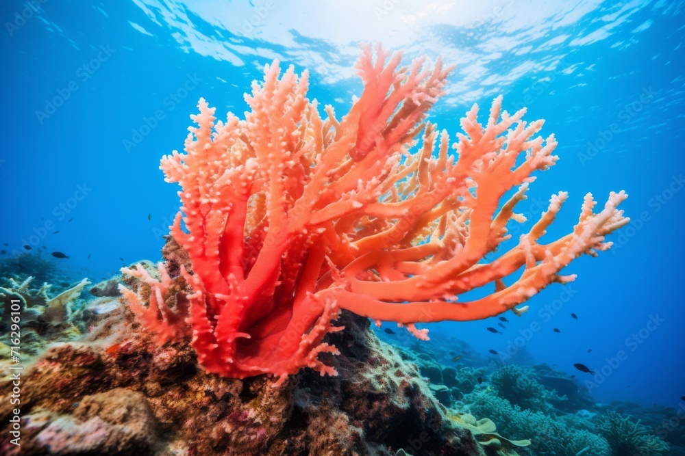 Fototapeta premium Dive Into The Ocean Revealing Peachyorange Coral Formations For Underwater Coral Reef