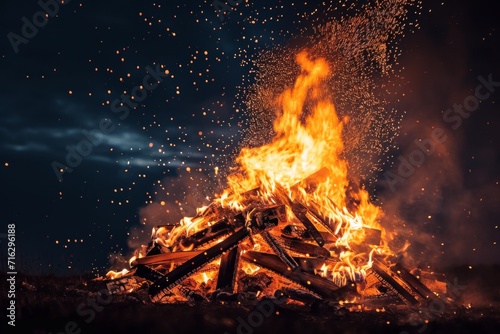 Large Bonfire With Sparks Flying Up Into The Night Sky On Bonfire Night © Anastasiia