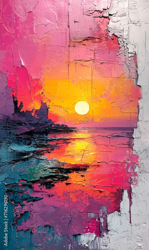 Abstract digital painting of the wall with sunset and reflection in water. © suwandee